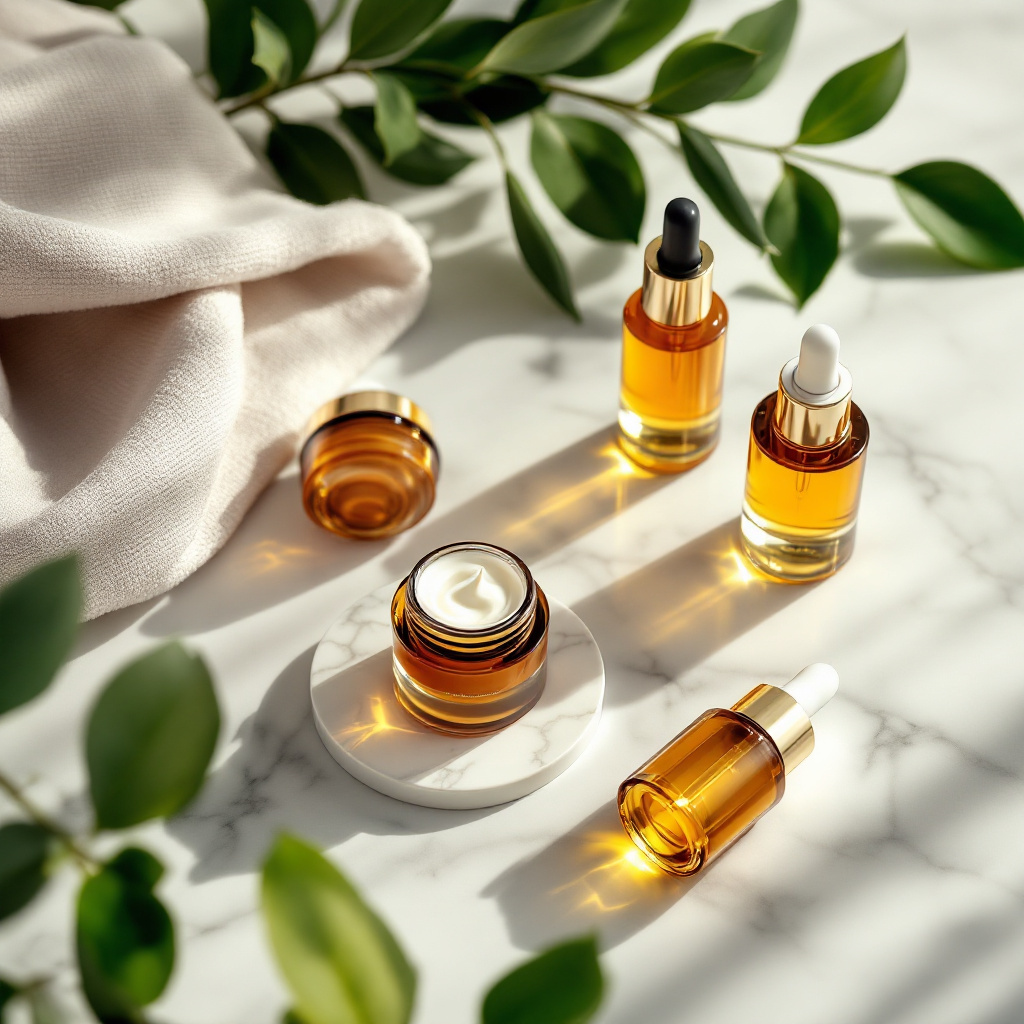 Augenpflege Routine ab 40 mit Serum und Augencreme auf hellem Marmor