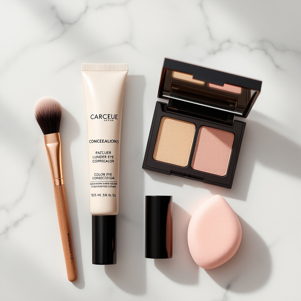 Augenringe abdecken Concealer Anleitung mit Concealer, Farbkorrektor und Pinsel auf hellem Marmor