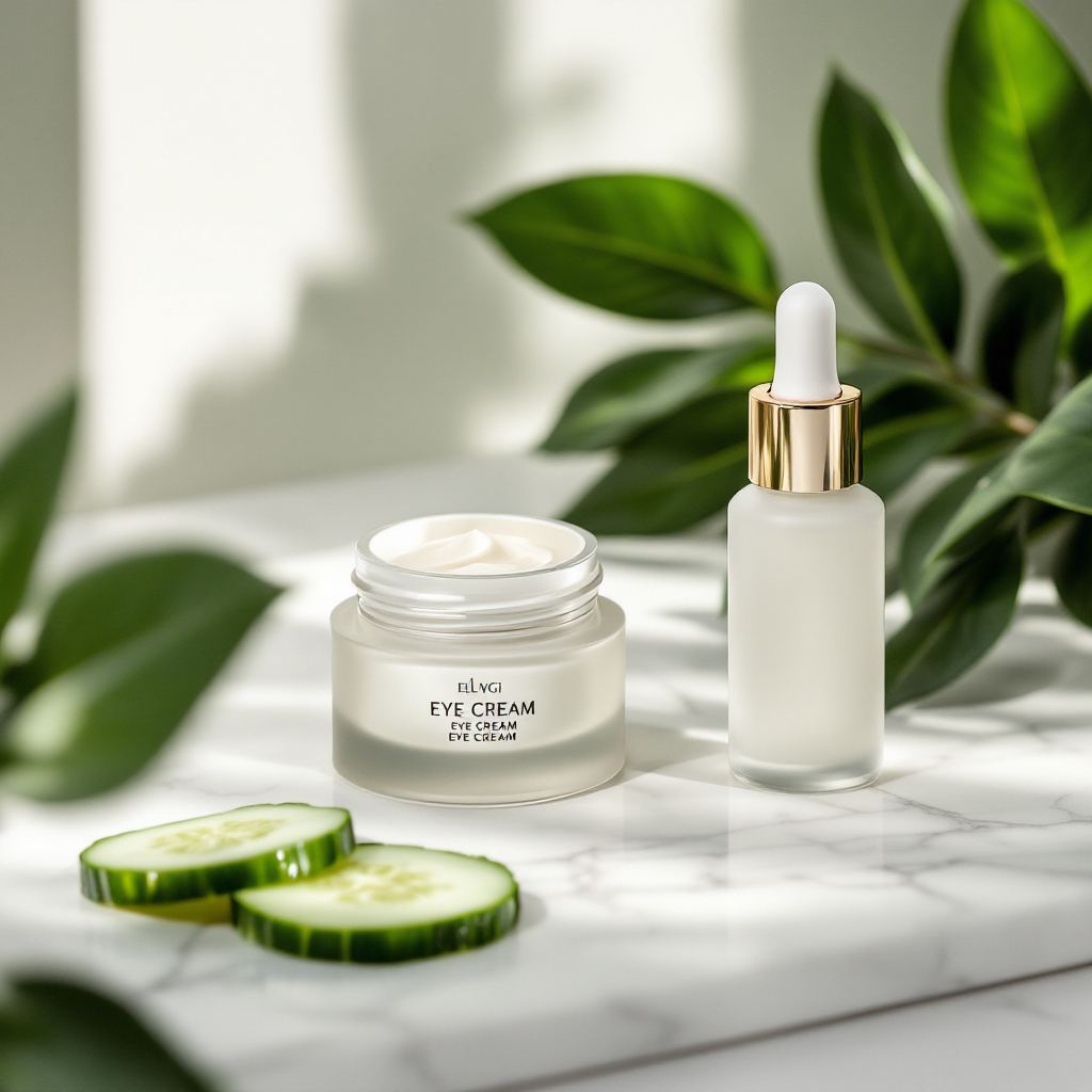 Beste Augencreme gegen Augenringe mit Serum und frischen Zutaten auf Marmor