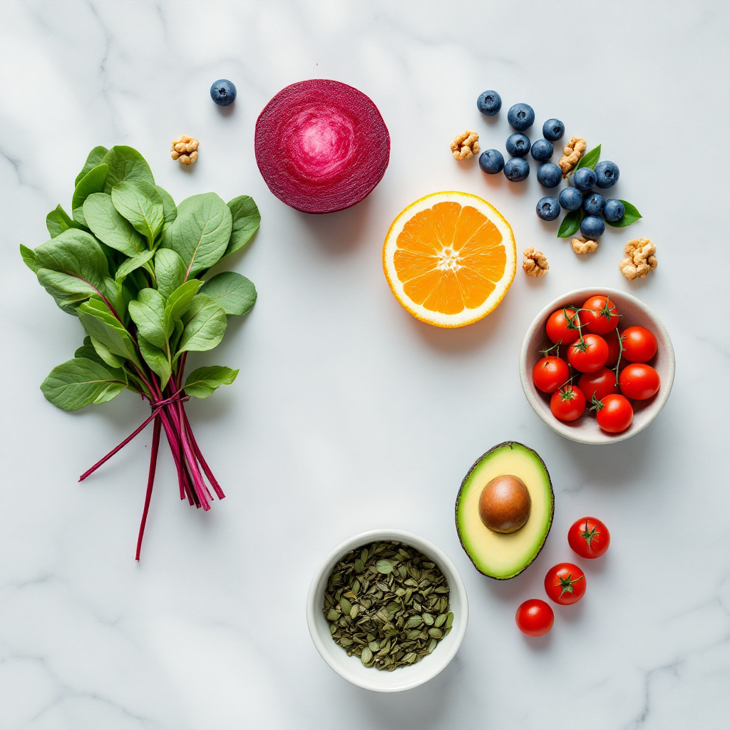 Auswahl an Lebensmitteln gegen Augenringe wie Beeren, Avocado und Spinat auf hellem Untergrund